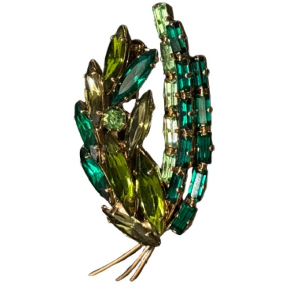 Vintage Art Glass Brooch,Emerald Green Elongated Marquise Pin Brooch - Picture 6 of 8